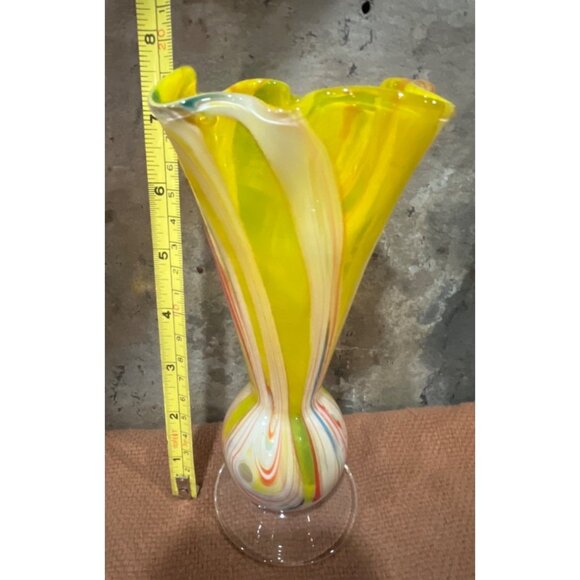 VTG Hand Blown Swirled Art Glass Vase Yellow Orange Red & White 7" Murano Style - Picture 5 of 9